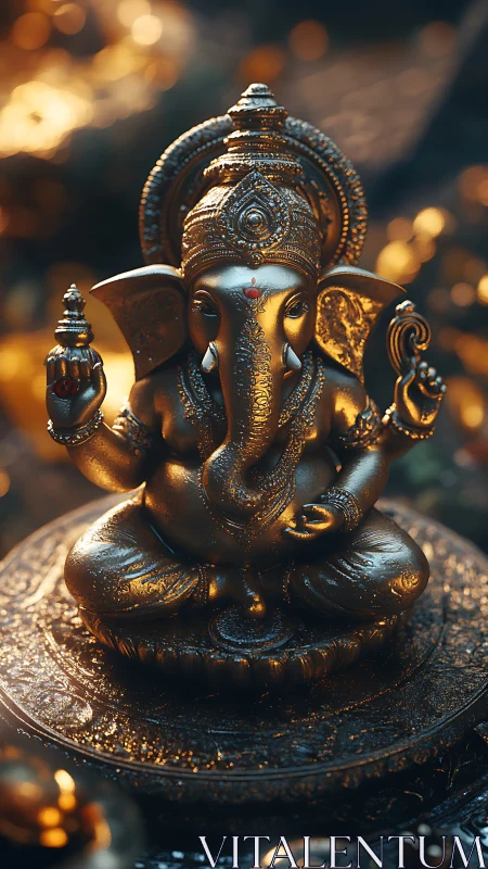 Luminous brass Ganesha statue cradled in molten gold light.