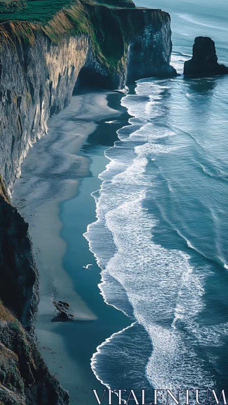 Quiet turquoise surf curling beneath sunlit sea cliffs.