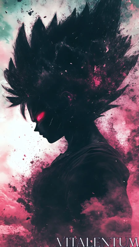 Silhouetted spiky-haired figure amid pink and teal vapor.