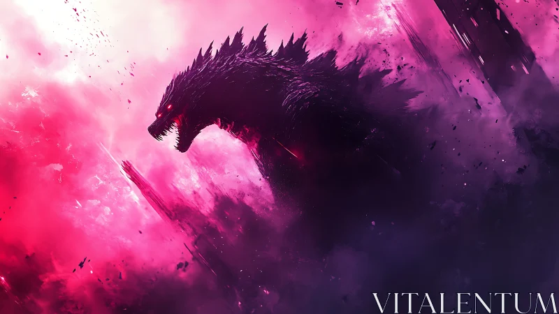 Neon storm kaiju roaring through a cosmic magenta rupture.