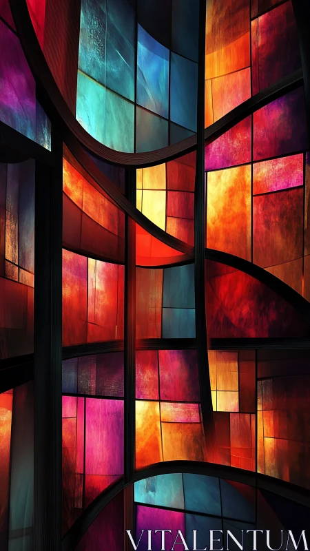 Curved geometric window panels with multicolor stained glass.