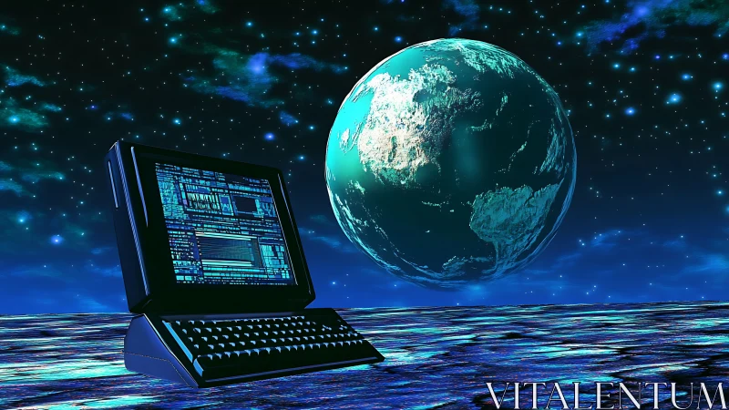 Retro terminal analyzes holographic planet in neon-lit cosmic seascape