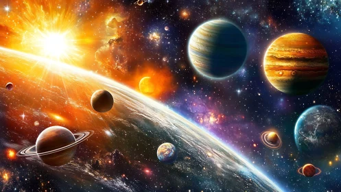 Vivid solar system panorama with radiant sun and planets.
