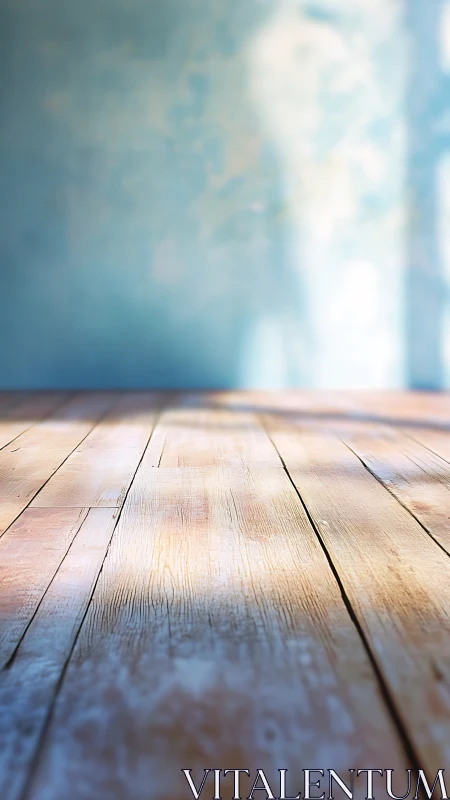 Sunlit rustic wooden floor with soft blue textured wall backdrop.