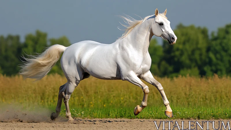 White horse gallops across sunny meadow with blurred trees