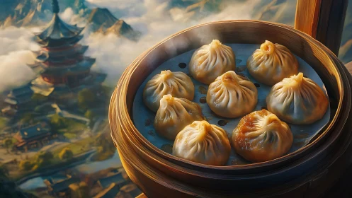 Steam-kissed dumplings drifting above misty mountain pagoda.