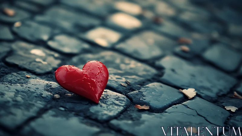 Red Heart Symbol Isolated on Wet Slate Tile Surface with Moisture
