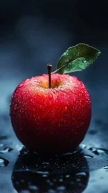 Single dewy red apple rendered in dramatic low-key lighting