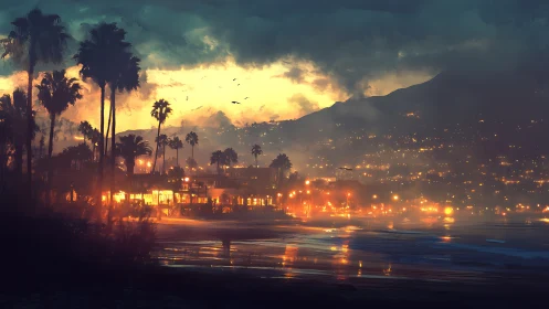 Moody coastal city glows beneath a stormy twilight sky