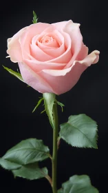 Single pale pink rose on stem against dark background.
