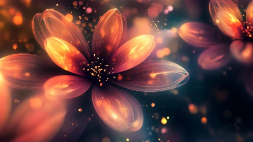 Luminescent Digital Flowers with Particle Bokeh and Warm Radiant Bloom Effects