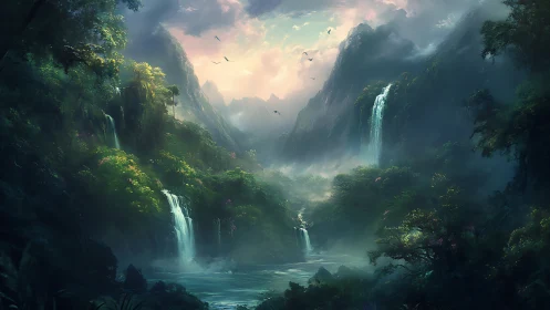 Misty mountainous valley with waterfalls and dense forests.