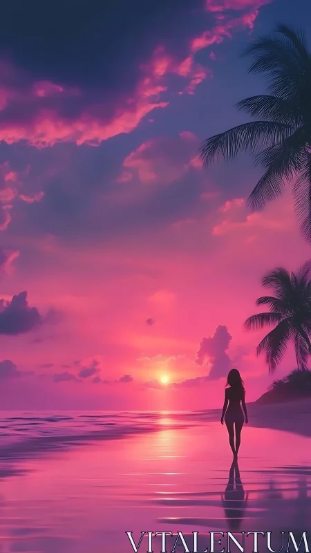 Luminous pink horizon cradles a lone dreamer by the sea.