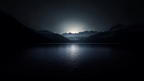 Dark mountain lake under faint backlit horizon glow.