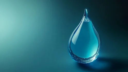 Suspended blue water droplet render on teal gradient background