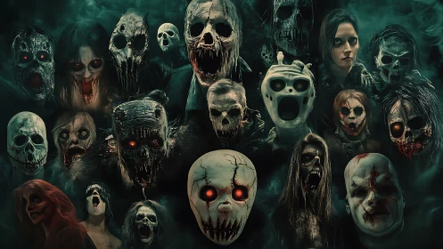 Clustered horror faces fill frame with decayed skull masks