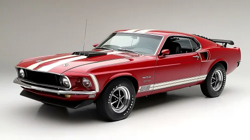 1969 red fastback muscle car with dual stripes and rear spoiler