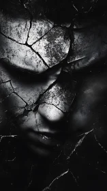 Fragmented monochrome portrait with cracked stone visage.
