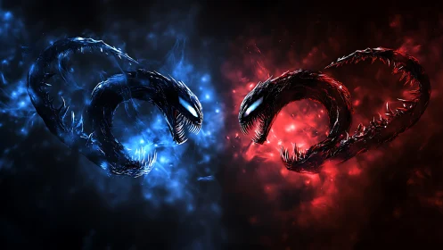 Blue and red serpentine creatures in mirrored formation.