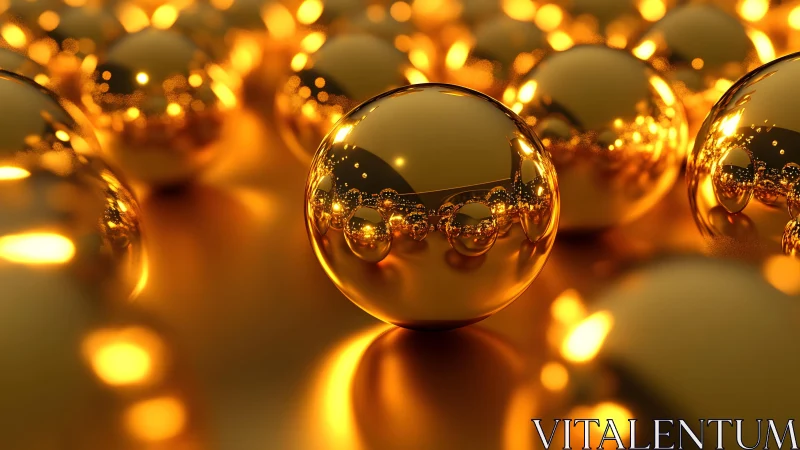 Gilded orbs drift in molten light, mirroring a golden cosmos.