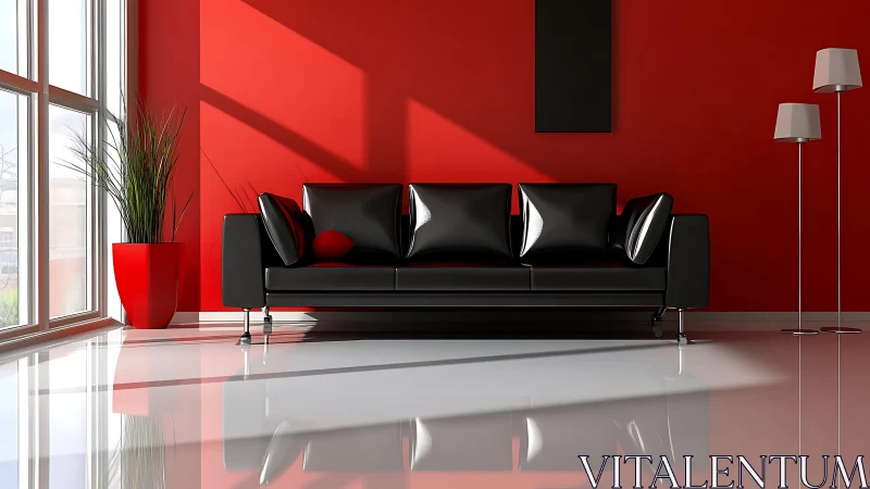 Scarlet loft lounge where glossy black sofa steals focus.