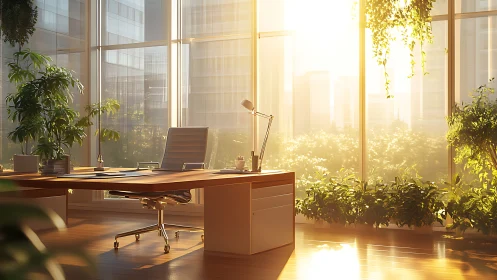 Morning sunlight turns the glass-walled office into a quiet grove
