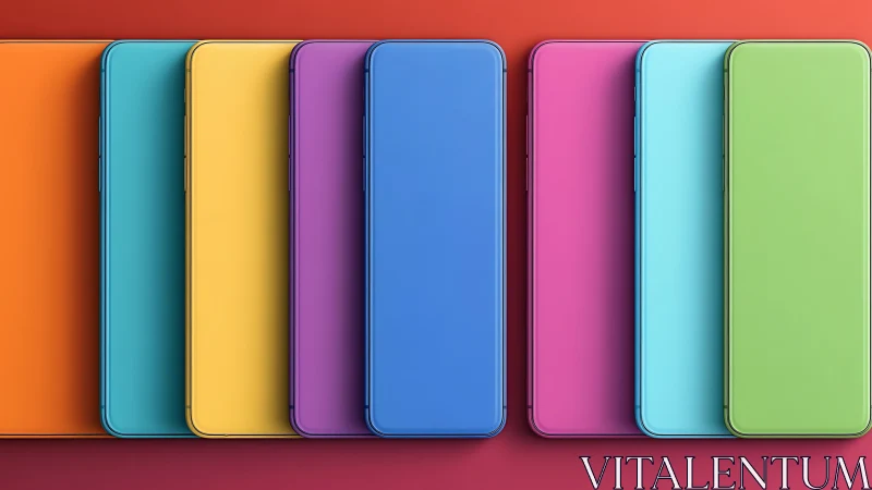 Row of colorful modern smartphones on red background.