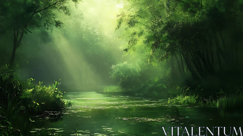 Sunlit forest river corridor with dense green canopy