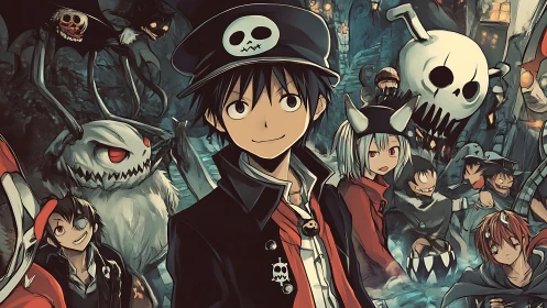 Anime ensemble with gothic skull motifs and dynamic depth staging.