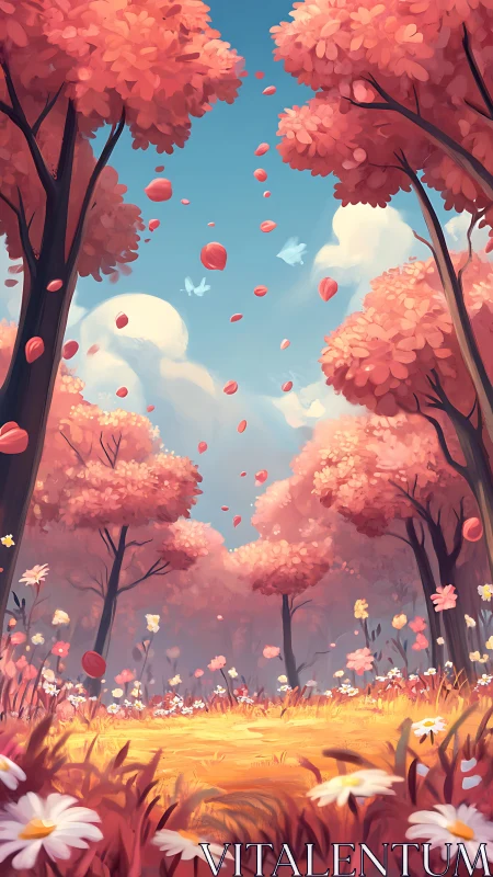 Digital illustration depicting stylized forest landscape with volumetric foliage canopy and particle