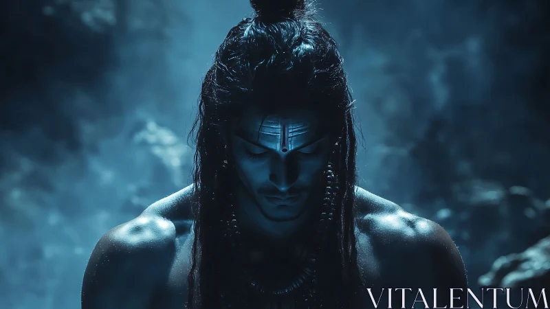 Moonlit ascetic warrior bowed in stormy blue silence.