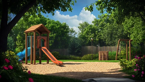 Sunlit wooden playground amid lush green garden trees.