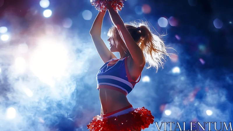 Backlit cheerleader silhouette in stadium haze, high key lighting.