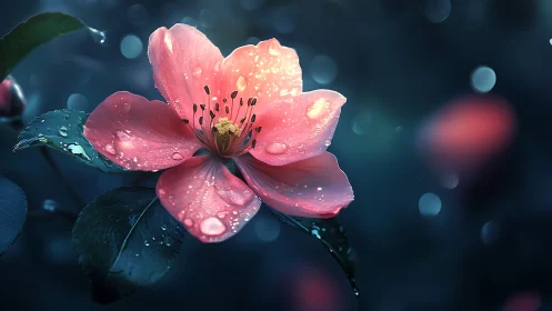 Pink flower blooming with dewdrops under soft bokeh light.