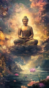 Buddha meditates above luminous lotus lake in cosmic serenity.