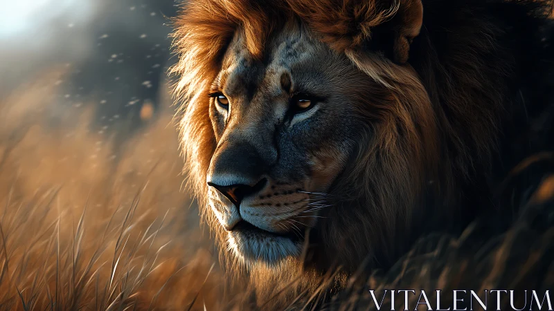 Side-lit male lion portrait uses shallow depth and warm bokeh