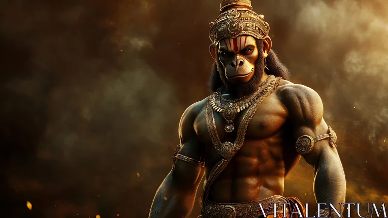 Muscular humanoid monkey warrior stands in ornate golden armor