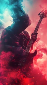 Guitarist wrapped in electric clouds of red and teal light.