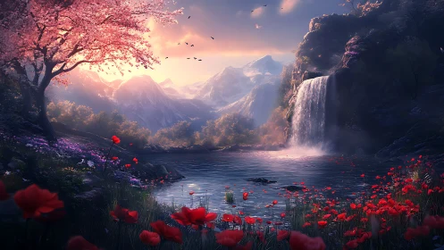 Springlight waterfall valley wrapped in dreamy mountain calm.