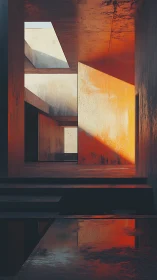 Geometric concrete courtyard with strong sunset light.