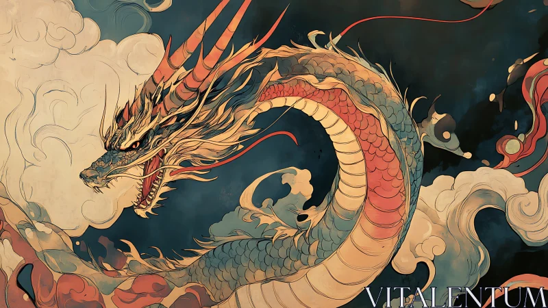Coiled Eastern dragon amid swirling clouds and dark sky.