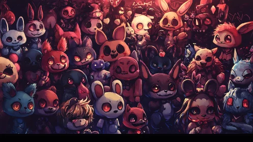 Crowded lineup of stylized rabbit-like toy characters.