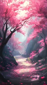Sunlit cherry blossom ravine bathes a quiet path in pink.