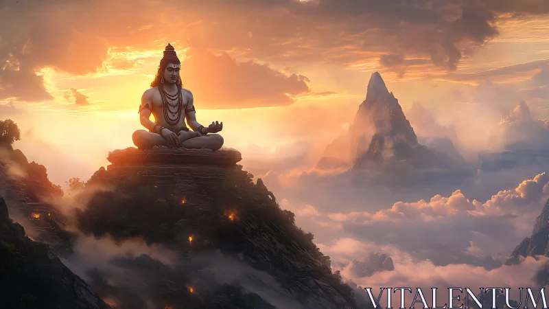 Serene mountain meditation welcomes sunrise above soft clouds