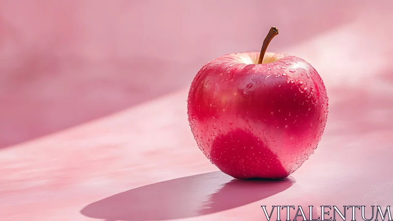 Red apple with water droplets on soft pink background.