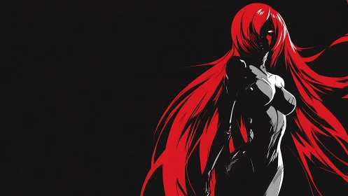 High-contrast anime silhouette with dynamic red hair flow.
