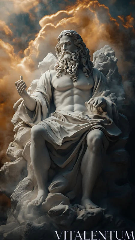 Stormlit marble deity rests calmly among glowing clouds