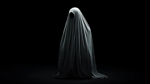 Monochrome draped apparition under controlled rim lighting.