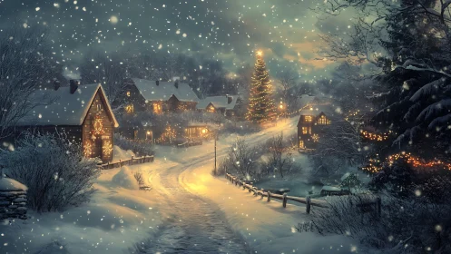 Snowy village street glows under festive Christmas lights