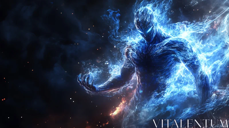 Humanoid energy figure formed from blue plasma in void.